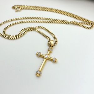18K Gold Modern Cross w Diamonds, 20”L Necklace